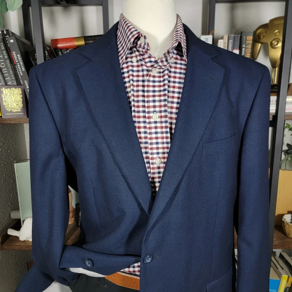 Stafford Essentials Men's Sport Coat Blazer Two Button Navy Blue‎ Poly Blend 46L